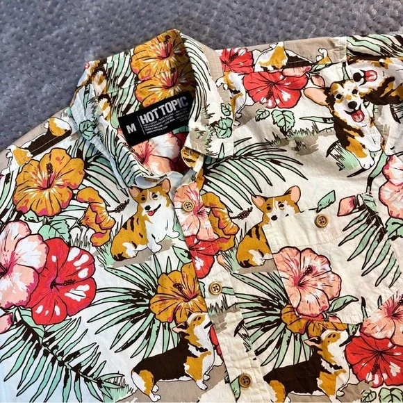Hot Topic Corgi Tropical Hibiscus Floral Button Up Shirt Mens Medium Cream Short - Picture 1 of 6